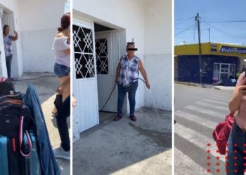 Mujer moja a jóvenes que se cubrían del sol frente a su casa