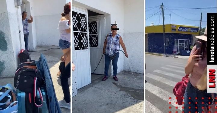Mujer moja a jóvenes que se cubrían del sol frente a su casa