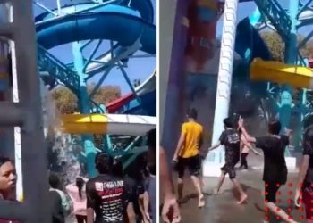 Caída de tobogán de parque acuático con niños dentro (VIDEO)