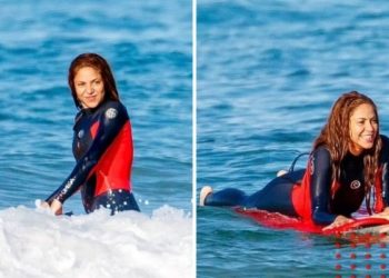 Captan a Shakira sonriente junto a joven maestro de surf