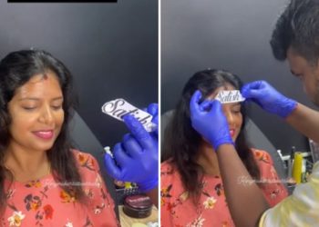 Mujer se tatúa nombre de su pareja en la frente (VIDEO)