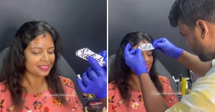 Mujer se tatúa nombre de su pareja en la frente (VIDEO)