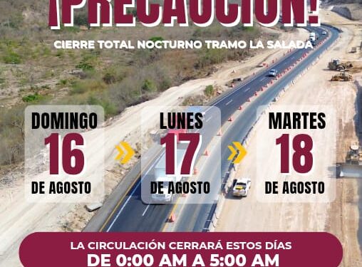 Seidum Colima informa de cierre total nocturno en ‘La Salada’ este domingo, lunes y martes